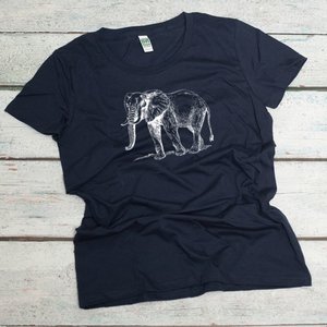 African elephant screen printed in white on a women's organic cotton tee in ocean blue