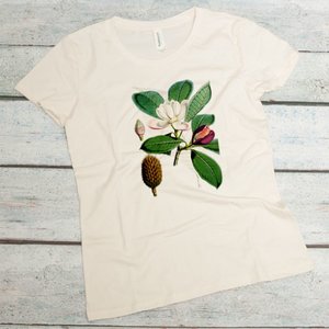 Magnolia hodgsonii flower on a natural color women's organic cotton tee