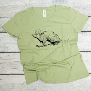 Aardvark screen printed on an avocado green women's organic cotton tee