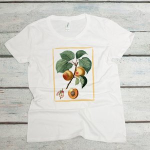 apricots hanging from a branch with flowers on a white women's organic cotton t-shirt