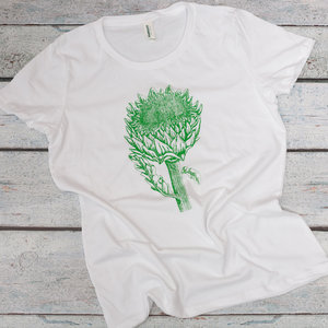 green avocado plant screen printed on a white women's organic cotton tee