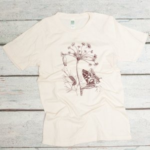 botanical print with plant, butterfly, caterpillar, and pupa in dark brown ink on a natural organic cotton unisex t-shirt