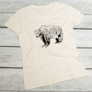 grizzly bear screen printed in black ink on a natural colored women's organic cotton tee