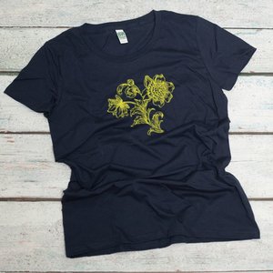 sunflowers screen printed in yellow on an ocean blue women's organic cotton tee