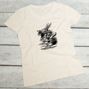 The white rabbit as a herald from Alice's Adventures in Wonderland on a natural colored women's organic cotton t-shirt 