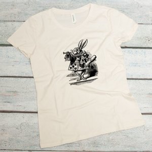 The white rabbit as a herald from Alice's Adventures in Wonderland on a natural colored women's organic cotton t-shirt