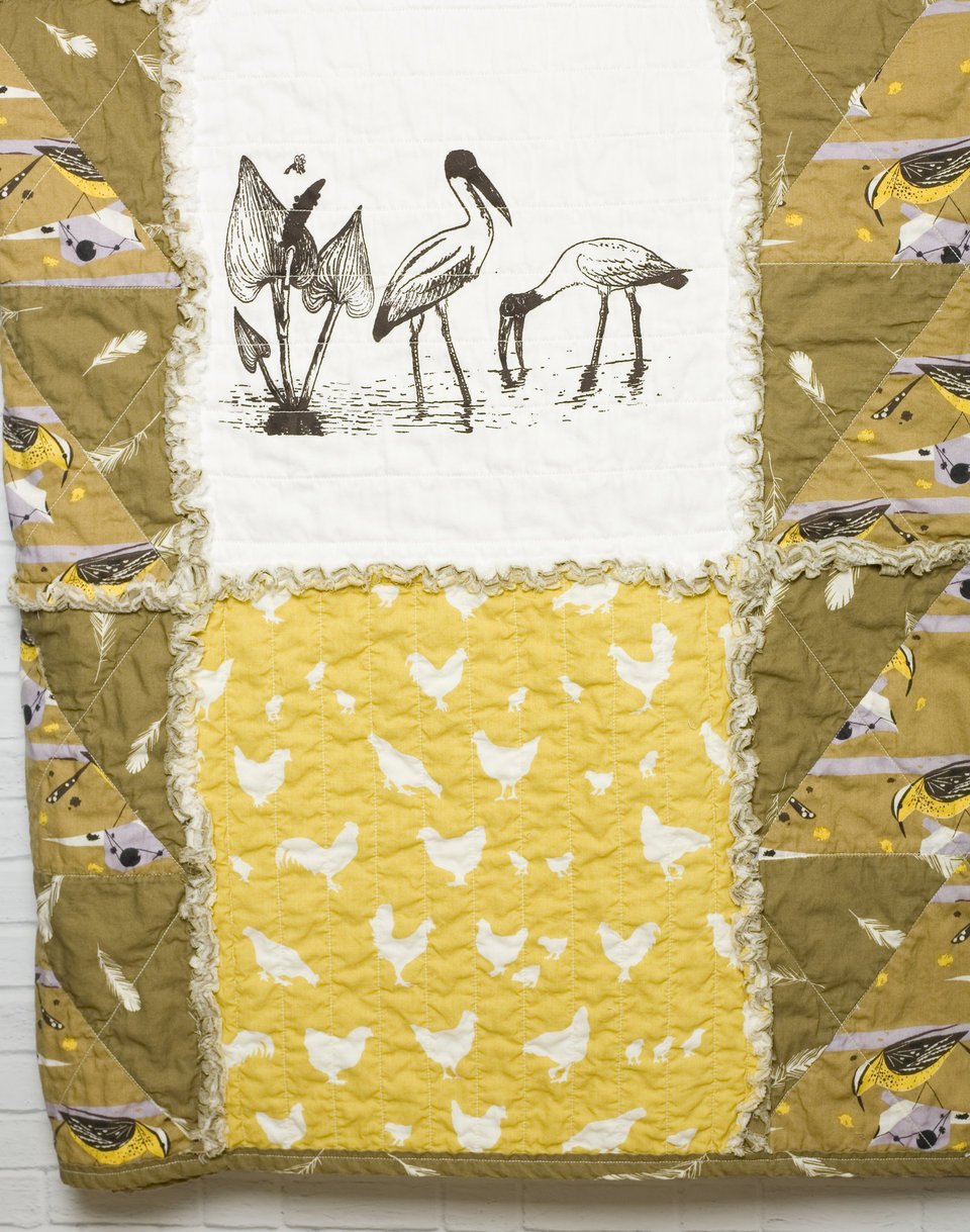 organic cotton rag quilt with screen printed wood storks