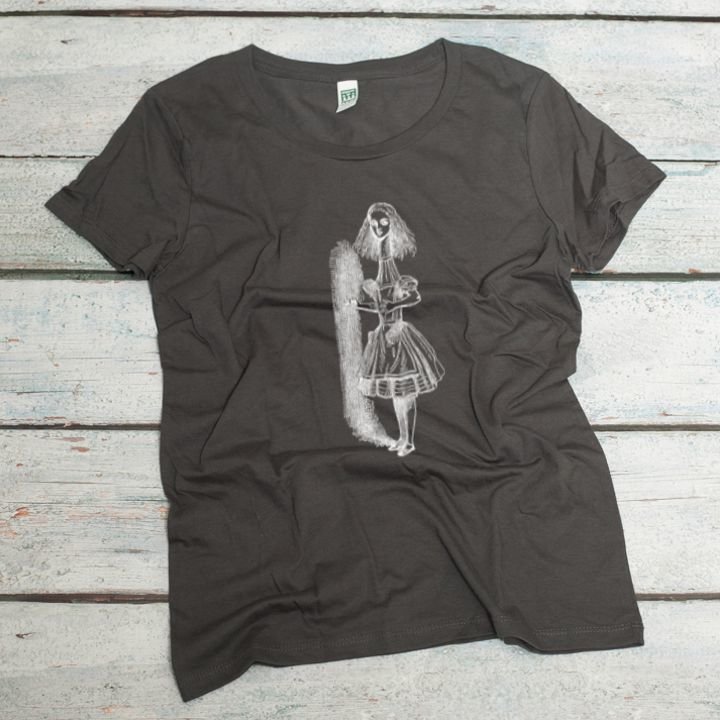 tall Alice from Alice's Adventures in Wonderland screen printed in white on a slate gray colored women's organic cotton tee