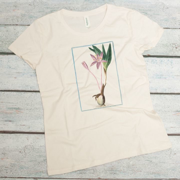 autumn crocus flower printed on a natural colored women's organic cotton tee
