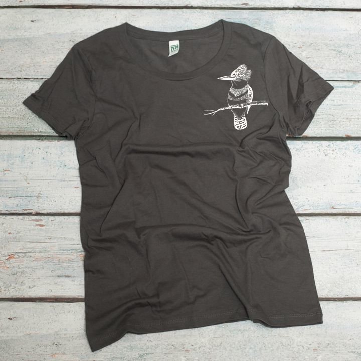 Belted Kingfisher screen printed on women's organic cotton t-shirt