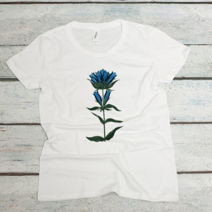blue gentian flower on a white women's organic cotton tee