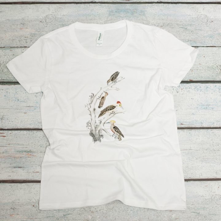 3 Woodpeckers on a white women's organic cotton t-shirt