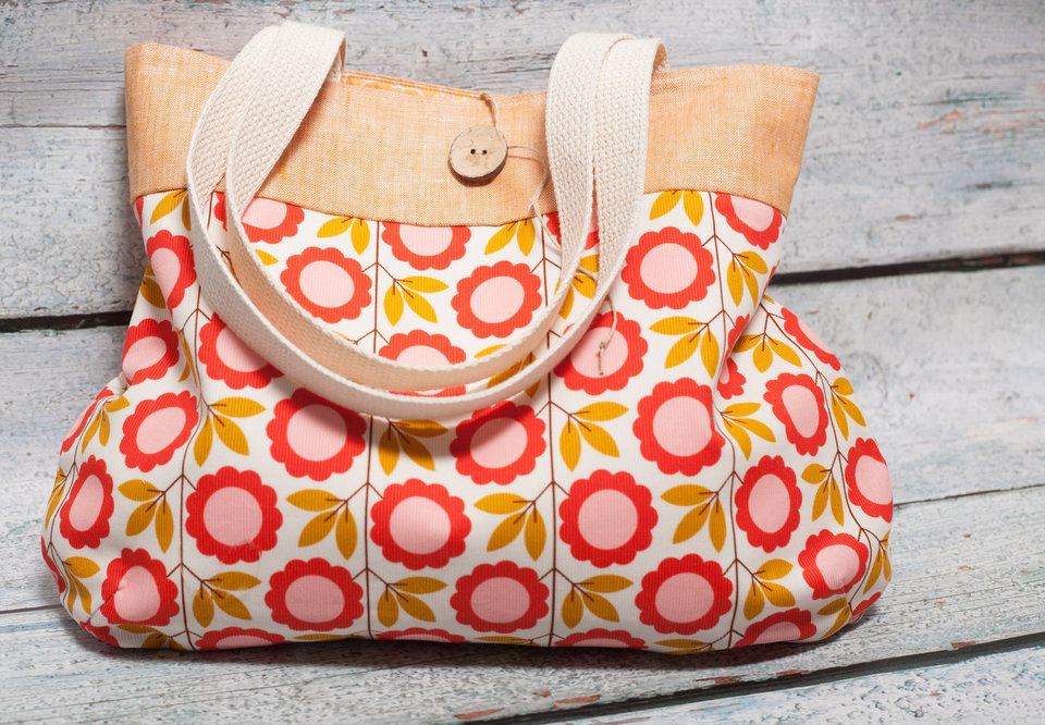 Orange and Pink Flowers Organic Tote Bag with Natural Organic Cotton Webbing Handles