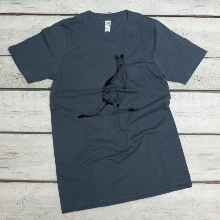 Kangaroo screen printed in black on a pacific blue organic cotton unisex tee