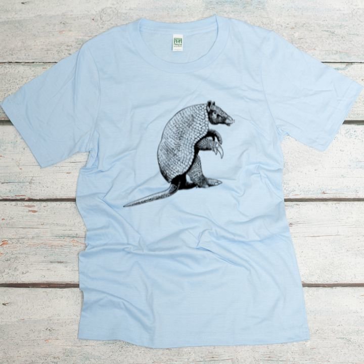 Giant Armadillo in black ink on an organic cotton heaven blue unisex tee