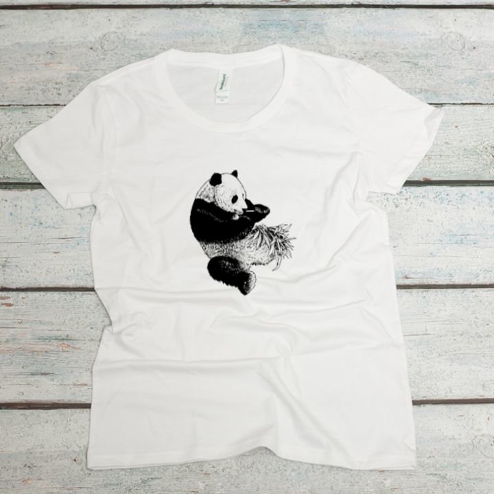 giant panda bear is screen printed in black on a white women's organic cotton tee