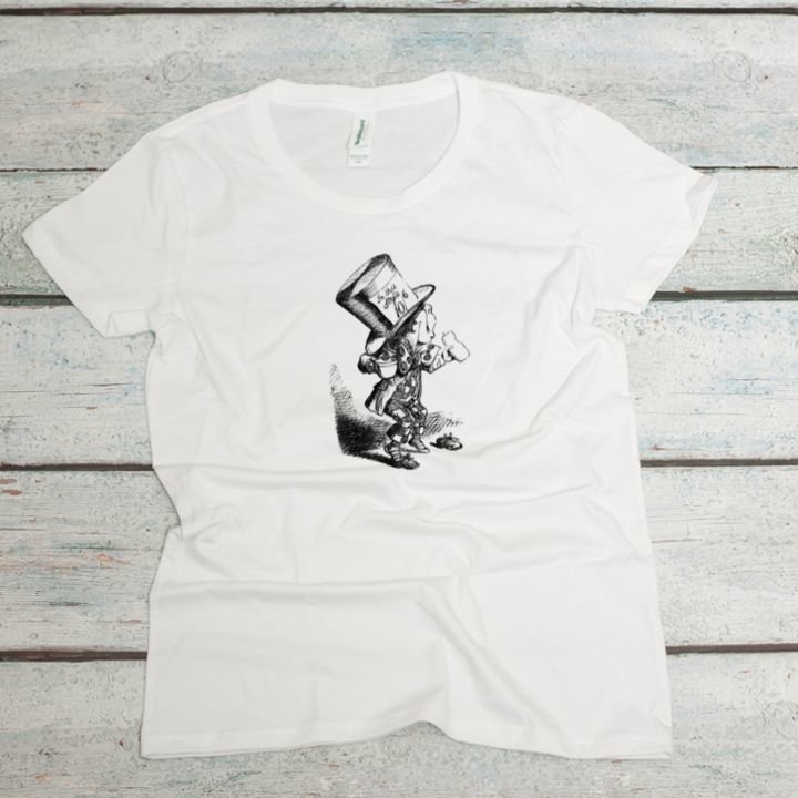 mat hatter screen printed in black on a white women's organic cotton tee
