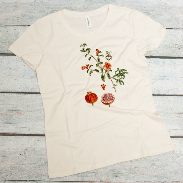 Pomegranate plant with ripe fruit on a women's organic cotton tee in natural color
