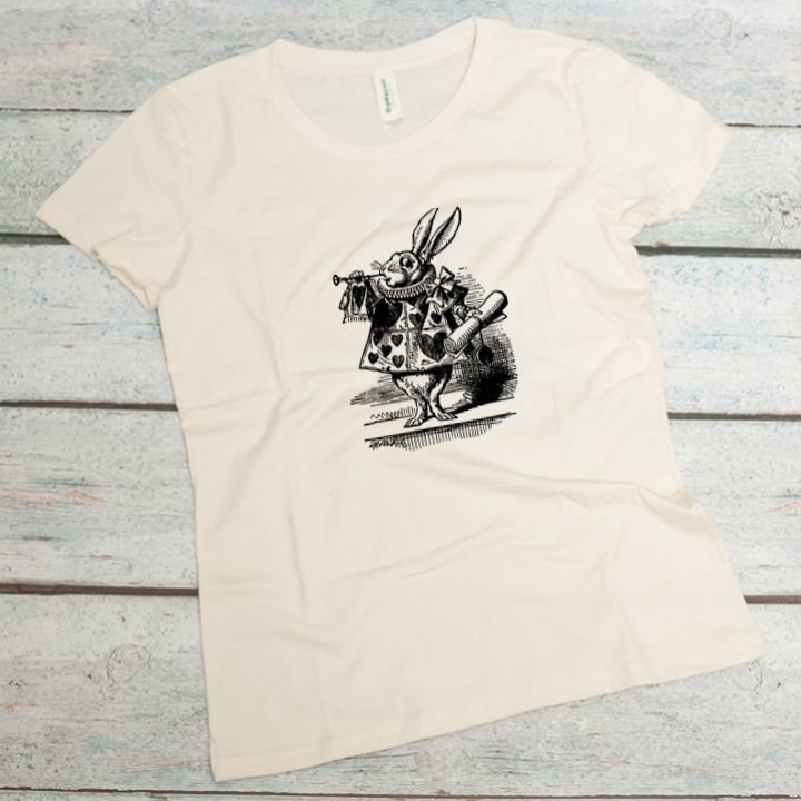 The white rabbit as a herald from Alice's Adventures in Wonderland on a natural colored women's organic cotton t-shirt