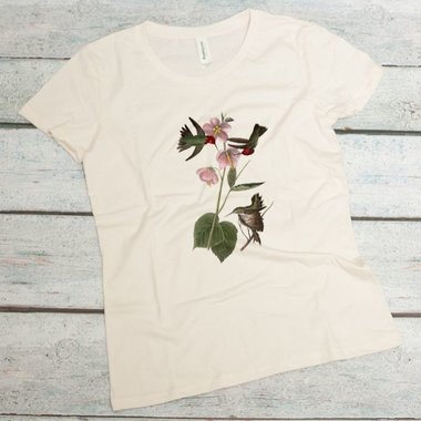 Anna's hummingbirds eating nectar from flowers on a natural colored women's organic cotton tee