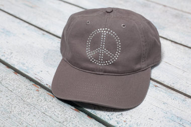 charcoal colored organic cotton baseball hat with silver rhinestud peace sign