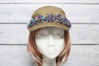 army green corps organic cotton hat with purple and aqua colored shabby flowers