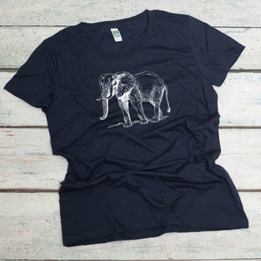 African elephant screen printed in white on a women's organic cotton tee in ocean blue