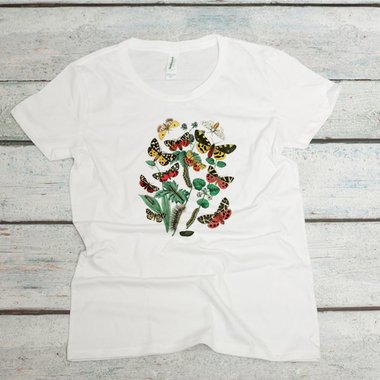 Red and yellow butterflies, caterpillars, and plants on a white women's organic cotton t-shirt