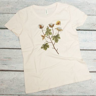 cotton plant on a natural organic cotton women's t-shirt