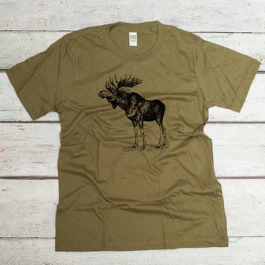 Bull moose screen printed in black water-based ink on a moss green organic cotton unisex t-shirt