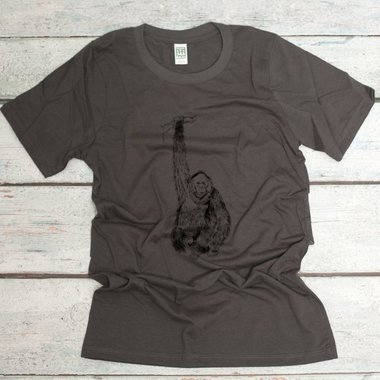 orangutan screen printed in black water-based ink on a slate gray unisex organic cotton tshirt