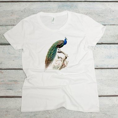 Blue peacock roosting in a tree on a white women's organic cotton t-shirt