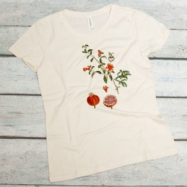 Pomegranate plant with ripe fruit on a women's organic cotton tee in natural color