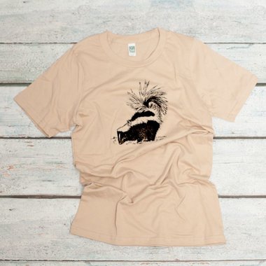 black striped skunk screen printed on organic cotton mushroom unisex tshirt