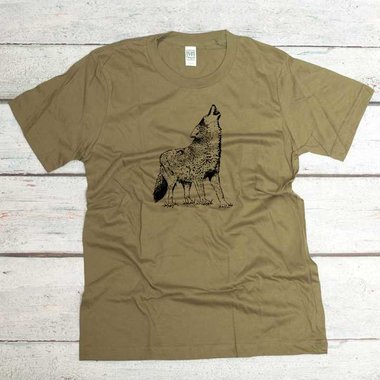 Screen printed organic cotton t-shirt in moss green with howling wolf graphic